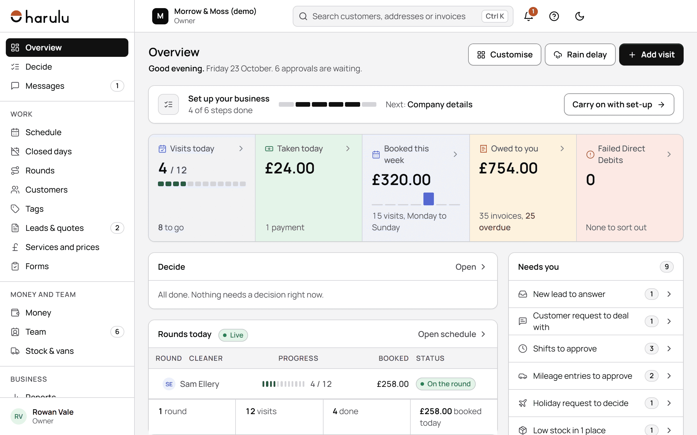 The harulu web admin's overview for a demo business: today's visits, money taken, the week's bookings and what's owed.
