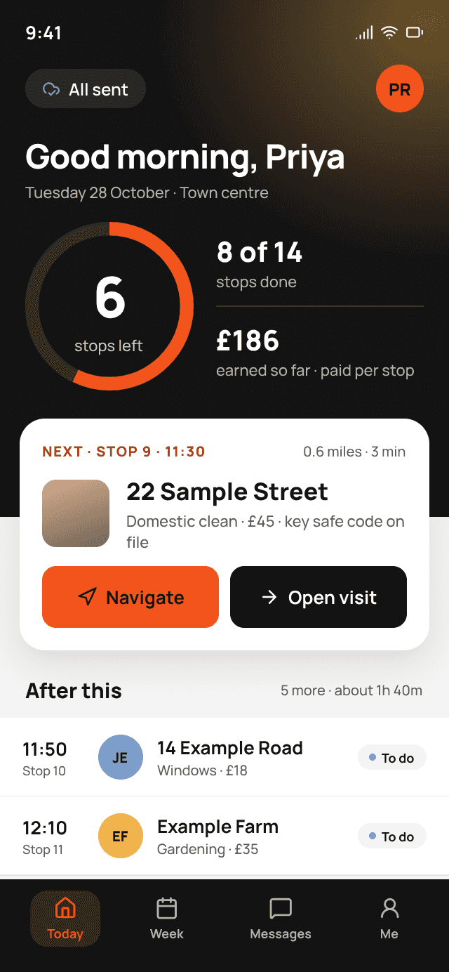 The harulu phone app showing today's visits in order
