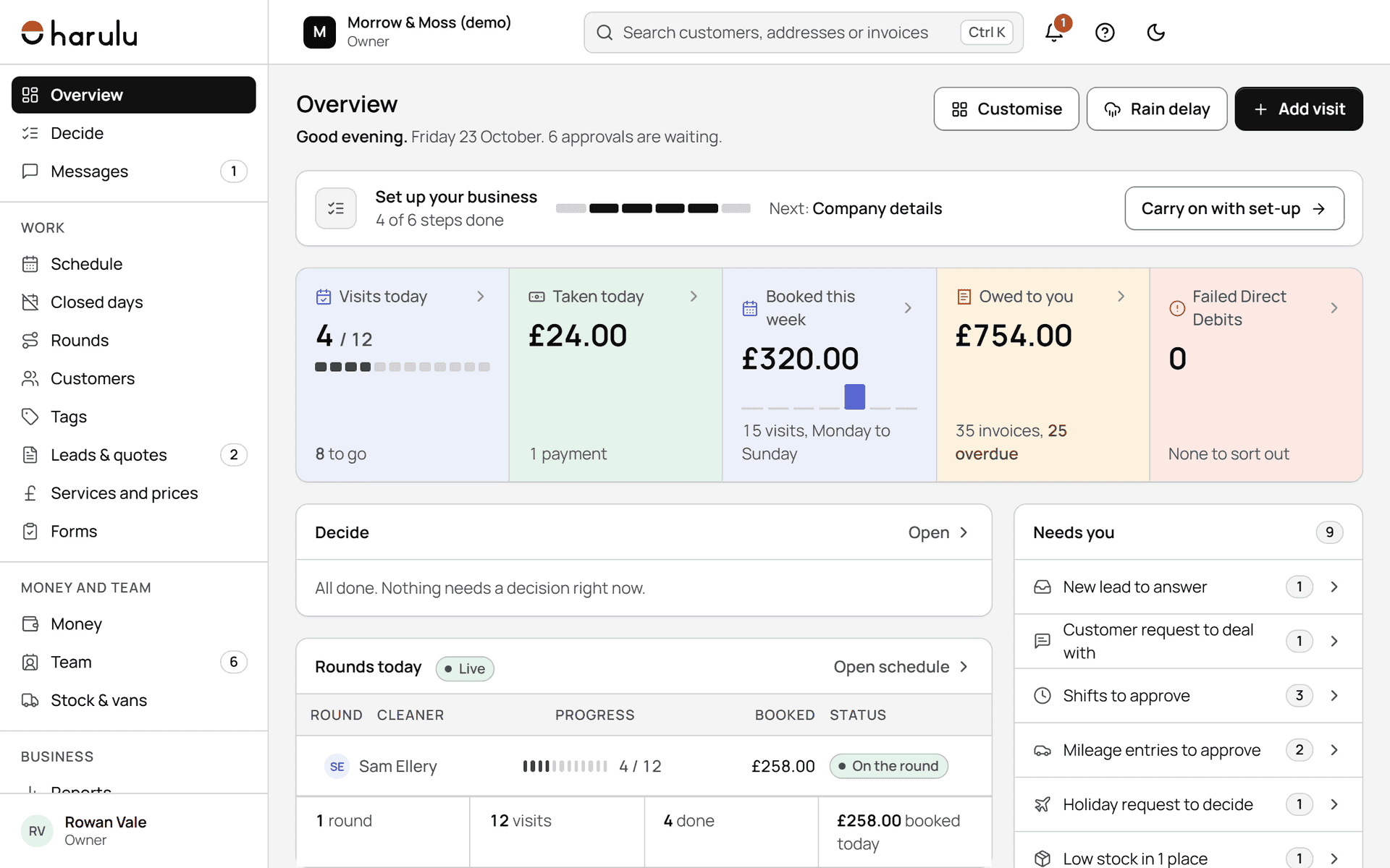 The harulu web admin's overview for a demo business: today's visits, money taken, the week's bookings and what's owed.