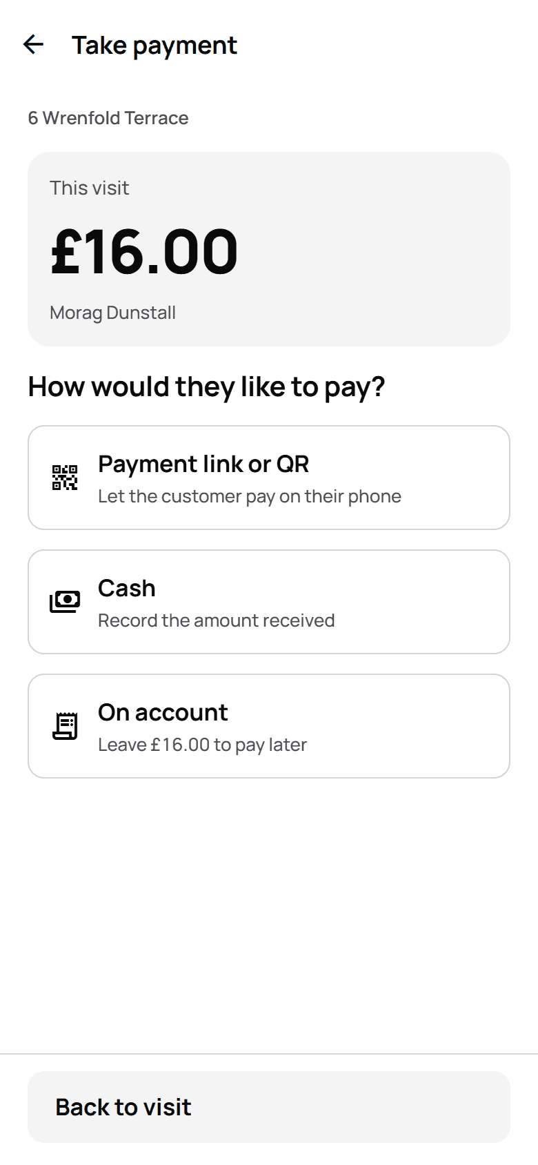 Taking £16.00 on the doorstep in the harulu phone app: a payment link or QR code, cash, or on account.