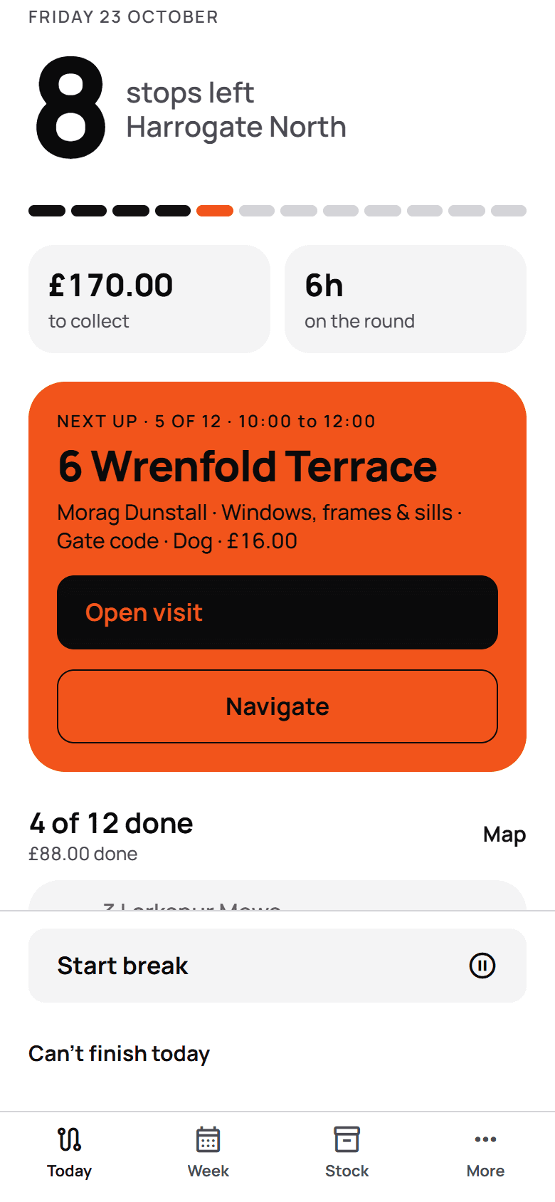 Today's round in the harulu phone app for a demo business: 8 stops left, £170.00 to collect, and the next stop, 6 Wrenfold Terrace, with a gate code and a dog.
