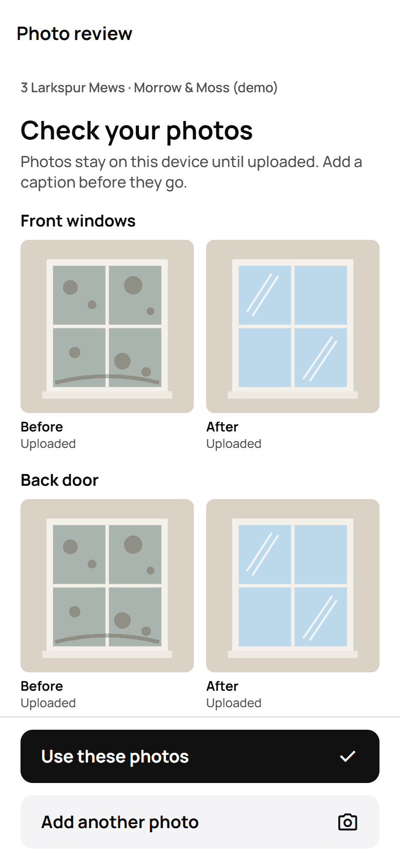 Photo review in the harulu phone app: before and after pictures of the front windows and the back door at a demo address.
