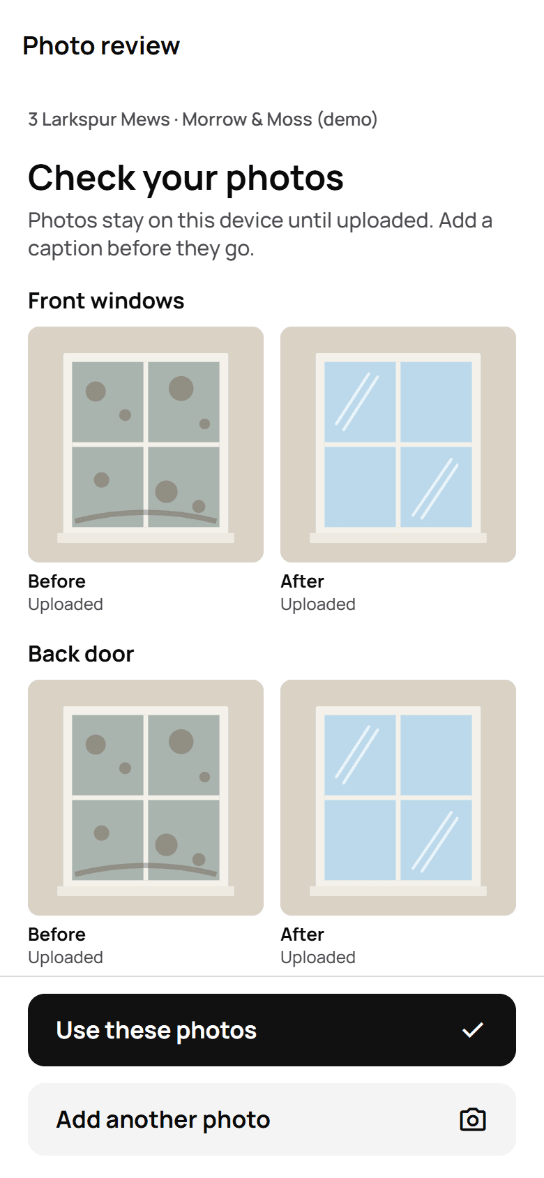 Photo review in the harulu phone app: before and after pictures of the front windows and the back door at a demo address.