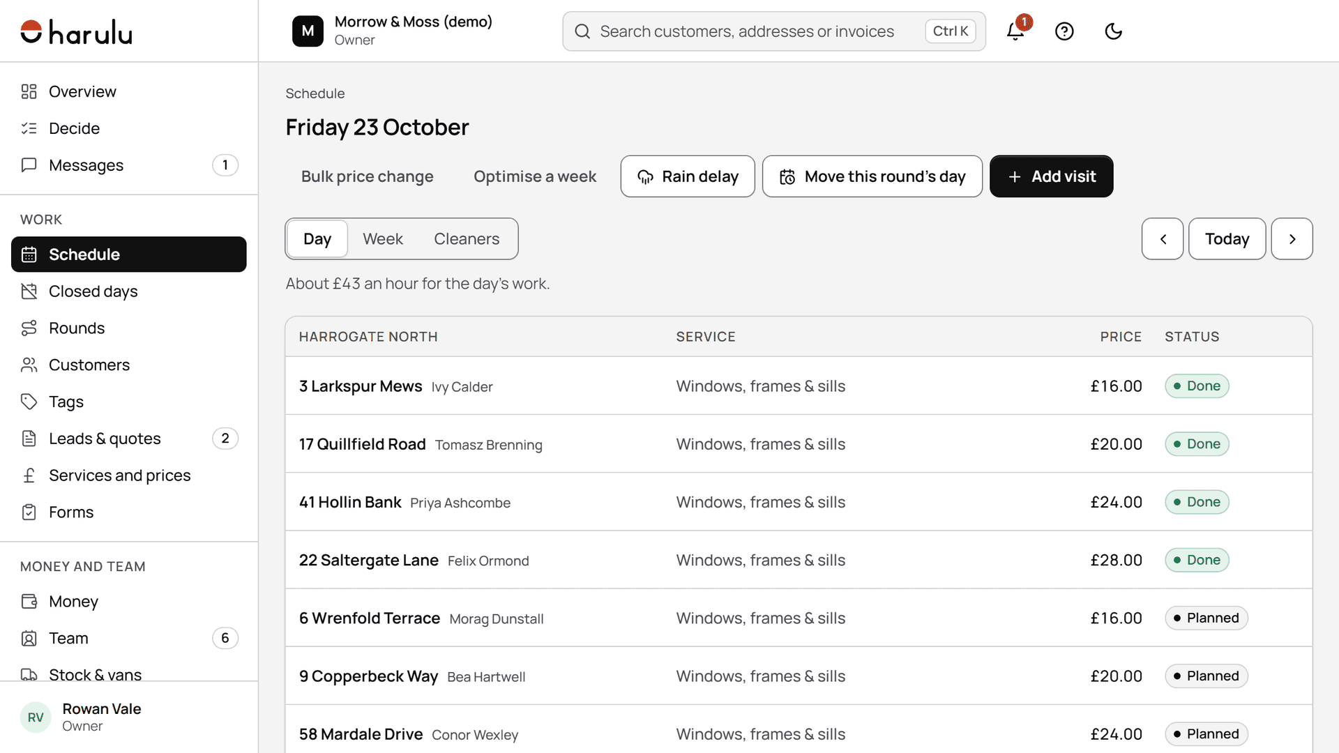 The schedule in the harulu web admin for a demo business: today's visits with each address, service, price and status.